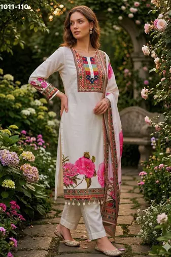multicolor embroidered muslin kurta set