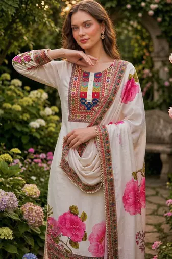 multicolor embroidered muslin kurta set