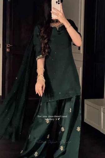 Dark-green silk blend embroidered kurta-sets