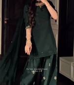 Dark-green silk blend embroidered kurta-sets