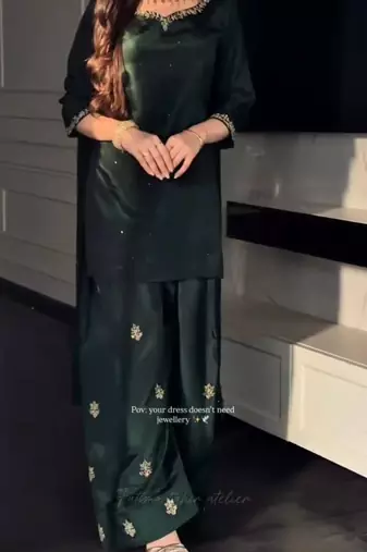 dark green embroidered silk blend kurta set