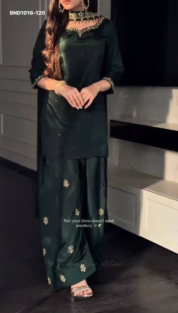 Dark-green silk blend embroidered kurta-sets