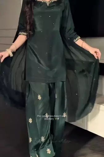 dark green embroidered silk blend kurta set