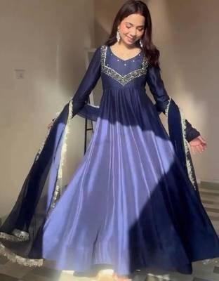 dark navy blue embroidered georgette kurta set 1