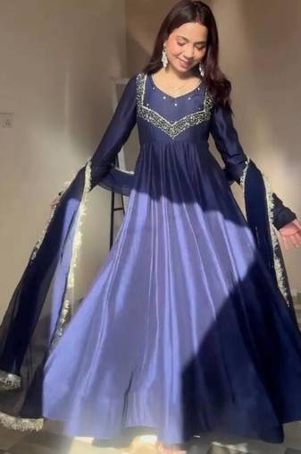 dark navy blue embroidered georgette kurta set