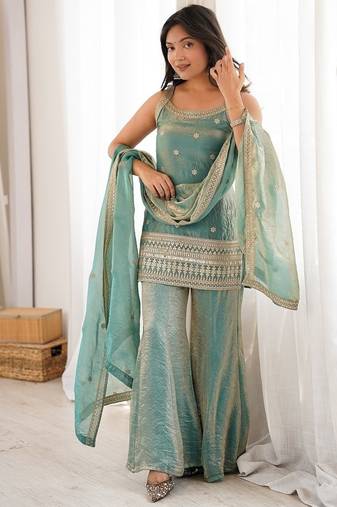 Seafoam green embroidered frendy silk  sharara suit set