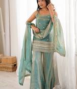 Seafoam green embroidered frendy silk  sharara suit set