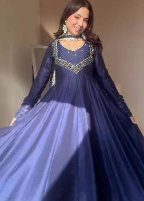 dark navy blue embroidered georgette kurta set 3