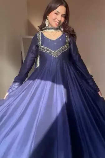 dark navy blue embroidered georgette kurta set