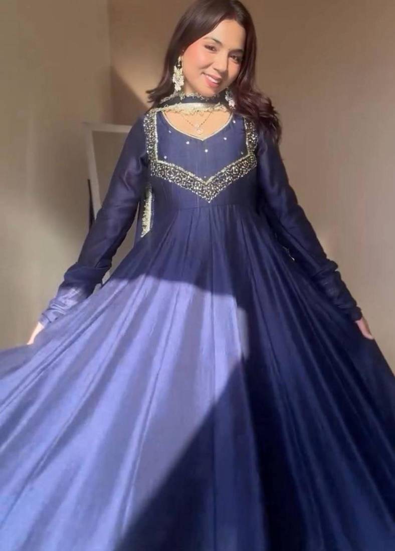 Dark-navy-blue georgette embroidered kurta-sets