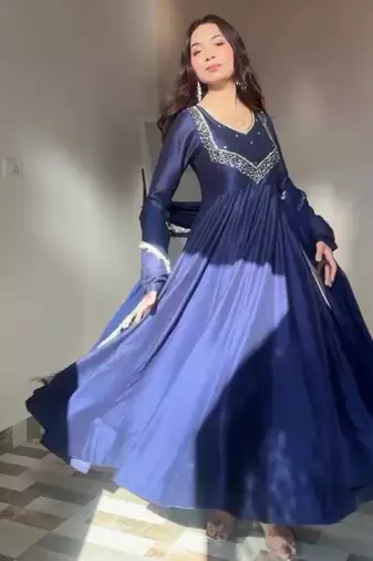 dark navy blue embroidered georgette kurta set