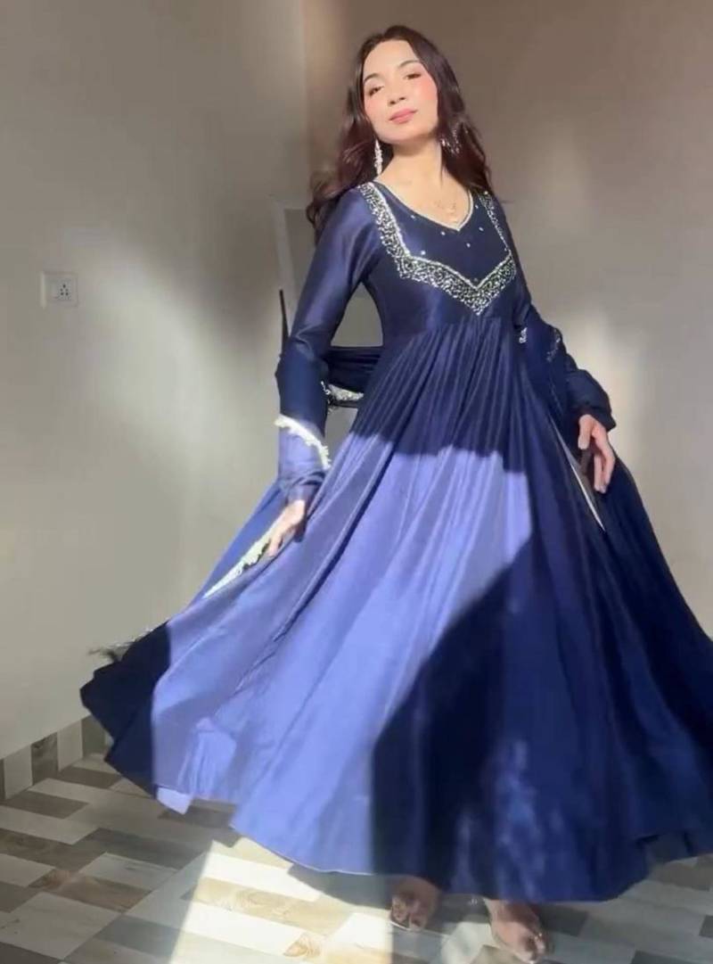 Dark-navy-blue georgette embroidered kurta-sets