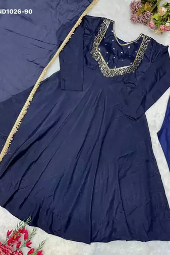 dark navy blue embroidered georgette kurta set