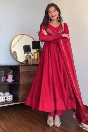 dark red embroidered georgette kurta set