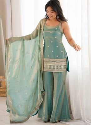 Seafoam green embroidered frendy silk sharara suit set 4