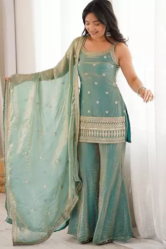 Seafoam green embroidered frendy silk sharara suit set