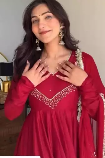 dark red embroidered georgette kurta set