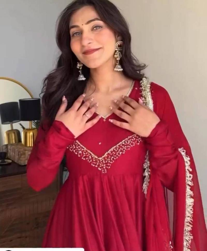 Dark-red georgette embroidered kurta-sets
