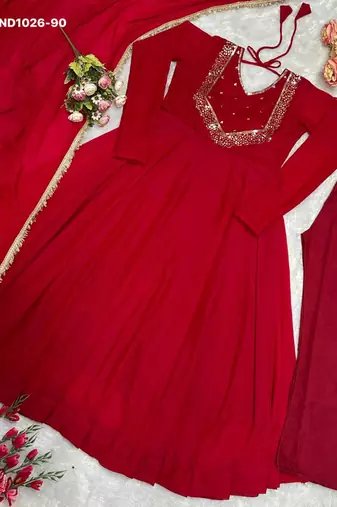 dark red embroidered georgette kurta set