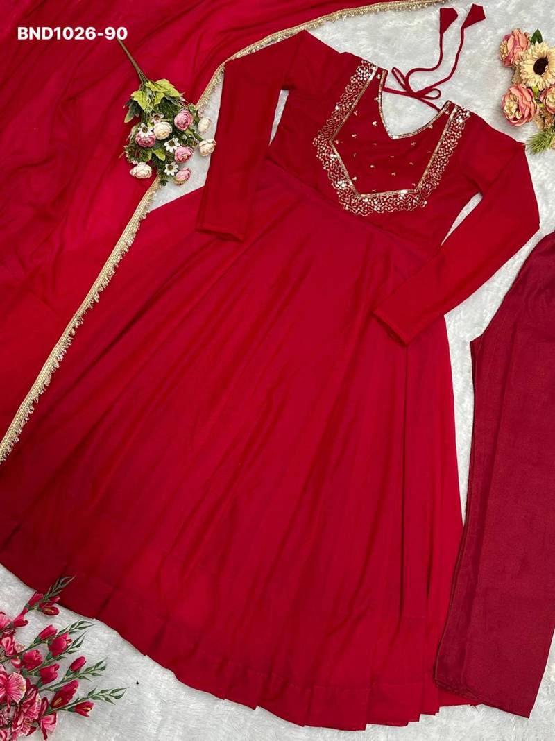 Dark-red georgette embroidered kurta-sets