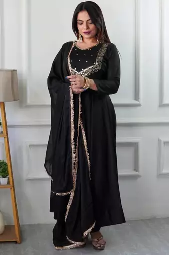 black georgette kurta set with embroidered thread work