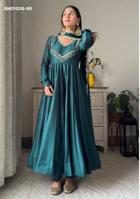 teal blue georgette kurta set with embroidered work 1