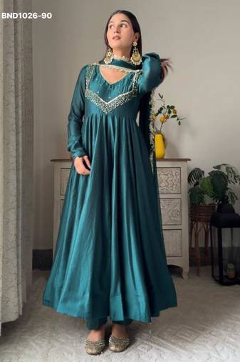 Teal-blue georgette embroidered kurta-sets