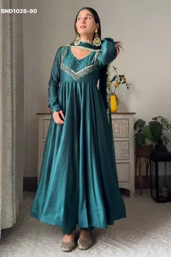 Teal-blue georgette embroidered kurta-sets