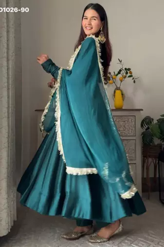 teal blue georgette kurta set with embroidered work