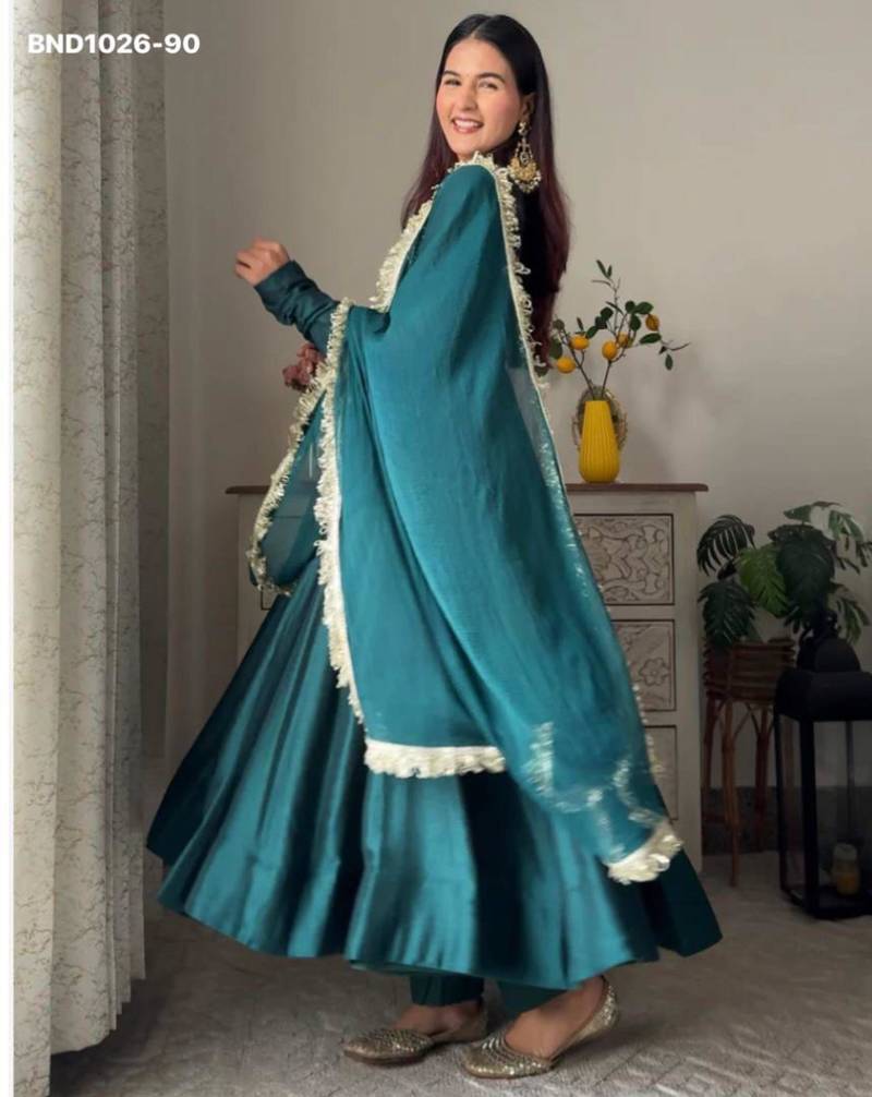 Teal-blue georgette embroidered kurta-sets