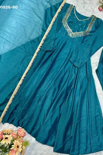 teal blue georgette kurta set with embroidered work