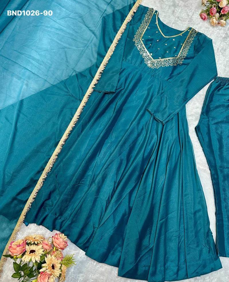 Teal-blue georgette embroidered kurta-sets