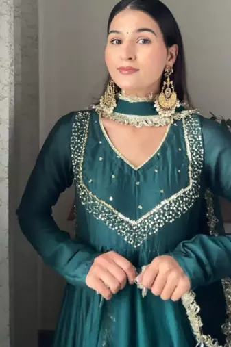 teal blue georgette kurta set with embroidered work
