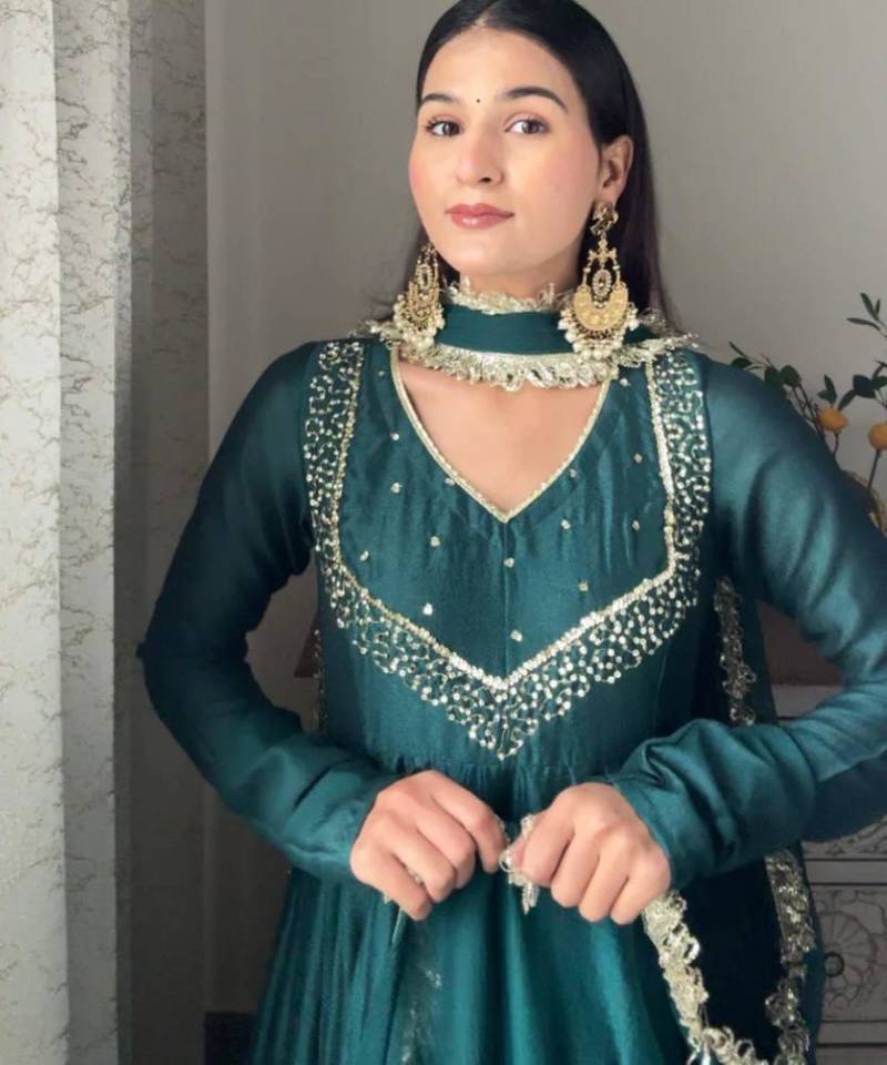 Teal-blue georgette embroidered kurta-sets