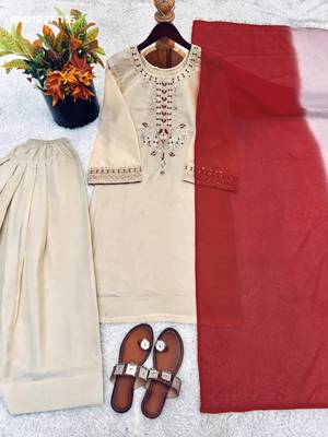 ivory organza kurta set with embroidered thread work 4