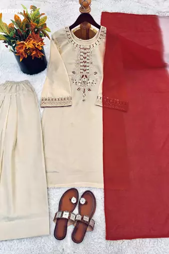 ivory organza kurta set with embroidered thread work