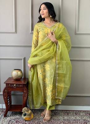 Women's Beautiful Printed Work Rayon Fabric Straight Kurta Pant and Dupatta Set 1