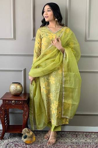 Women's Beautiful Printed Work Rayon Fabric Straight Kurta Pant and Dupatta Set