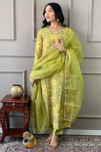 Women's Beautiful Printed Work Rayon Fabric Straight Kurta Pant and Dupatta Set