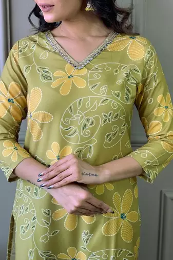 Women's Beautiful Printed Work Rayon Fabric Straight Kurta Pant and Dupatta Set