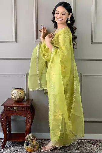 Women's Beautiful Printed Work Rayon Fabric Straight Kurta Pant and Dupatta Set