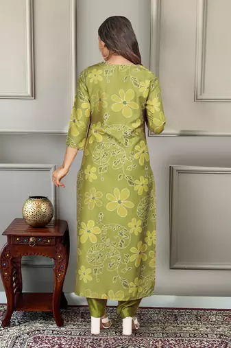 Women's Beautiful Printed Work Rayon Fabric Straight Kurta Pant and Dupatta Set