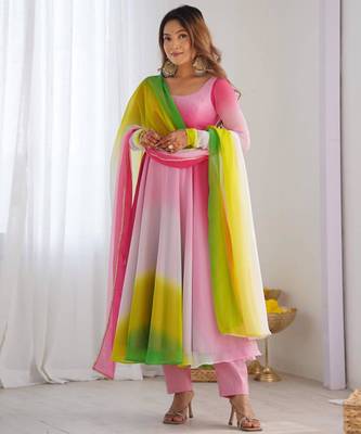 baby pink work georgette plain anarkali kurta set 1