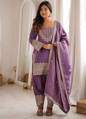 Mauve purple afghani salwar suit set with zari border 1