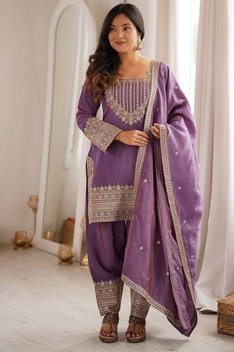 Mauve purple afghani salwar suit set with elegant zari border