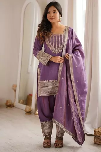 Mauve purple afghani salwar suit set with elegant zari border