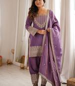 Mauve purple afghani salwar suit set with elegant zari border