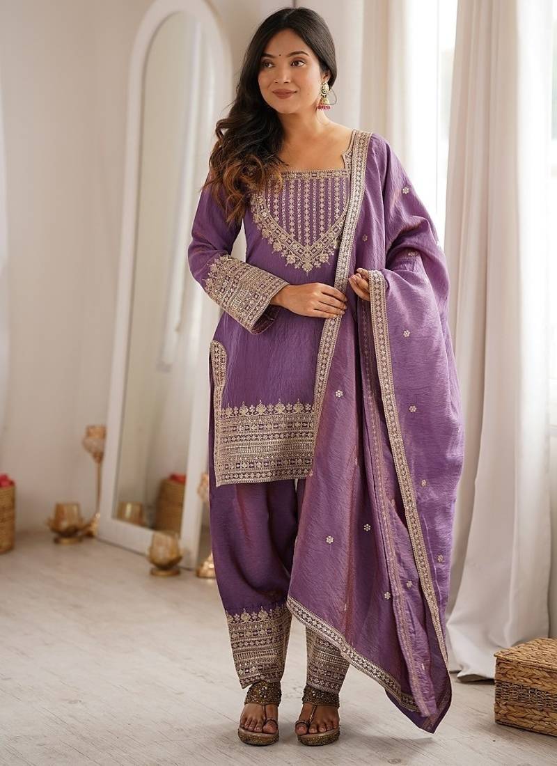 Mauve purple afghani salwar suit set with elegant zari border
