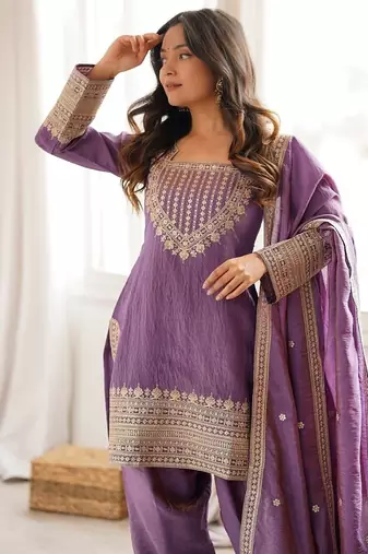 Mauve purple afghani salwar suit set with elegant zari border
