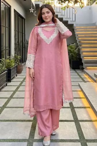 pink silk blend embroidered kurta set